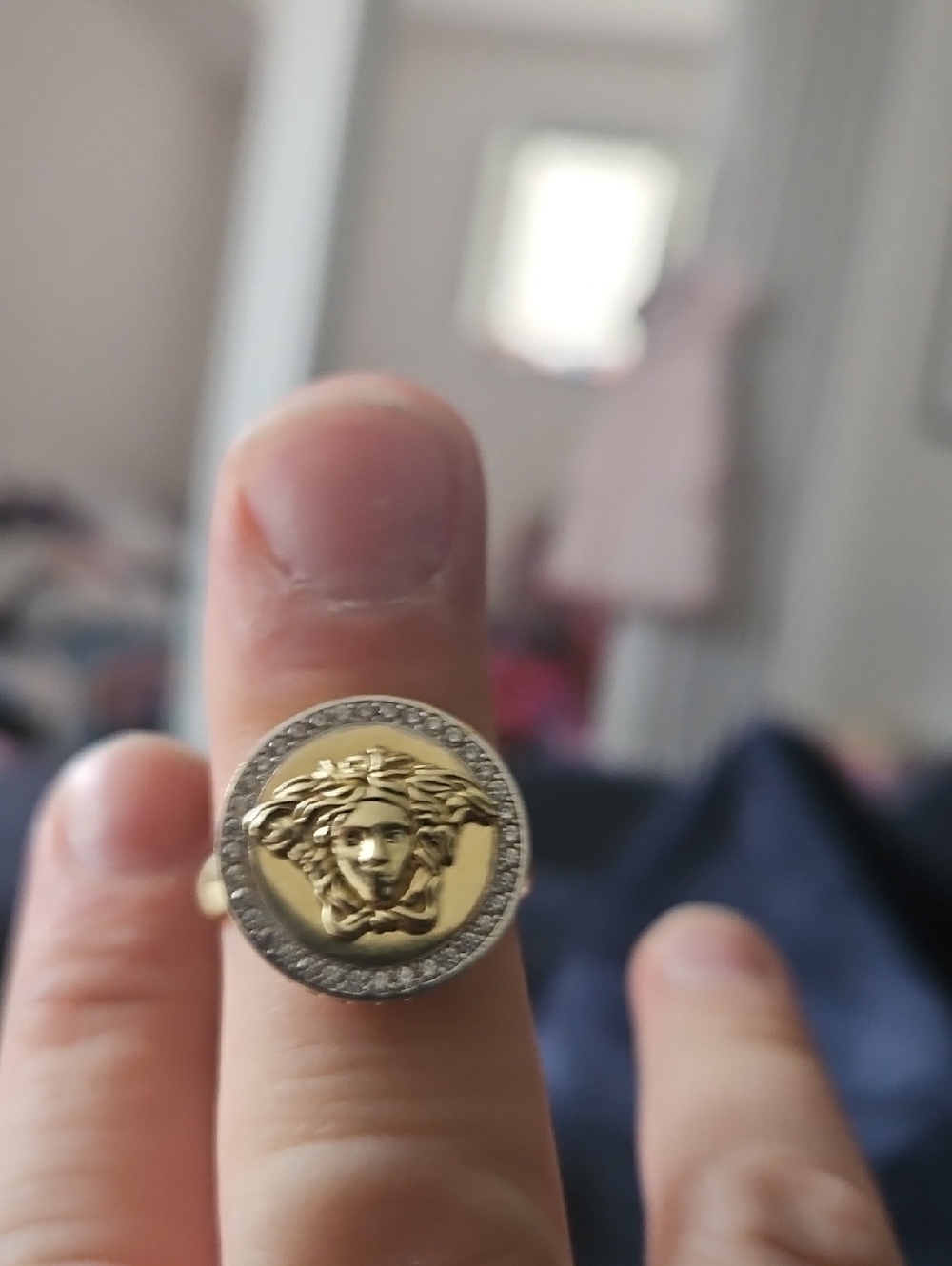 Versace 10k  Gold Medusa Ring with Crystal Border